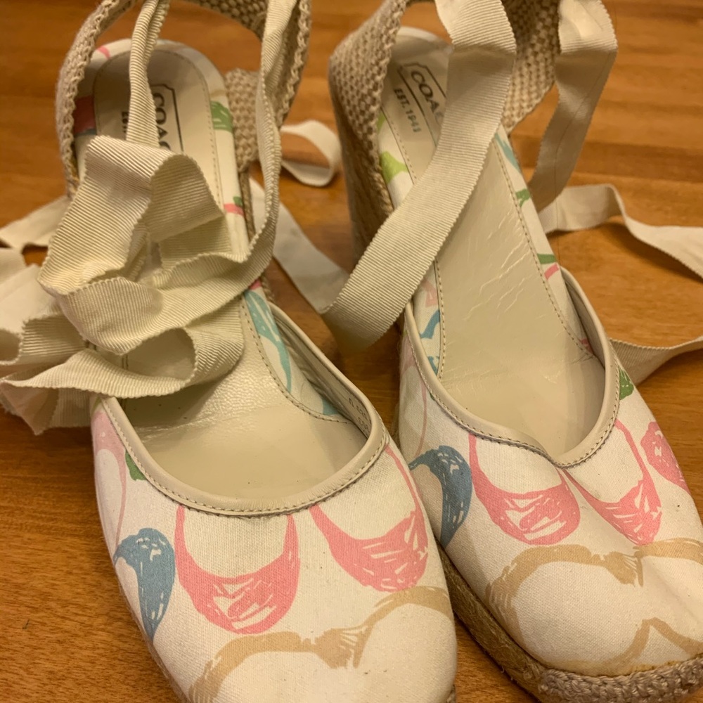 Authentic Coach tie up wedge sandals